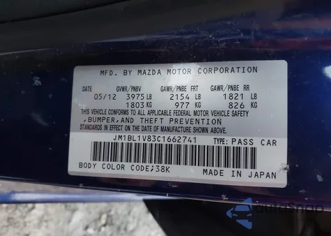 2012 Mazda Mazda3 I Touring z USA, uszkodzony, nr VIN JM1BL1V83C1662741